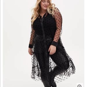 BLACK MESH BUTTON FRONT TIERED DUSTER KIMONO